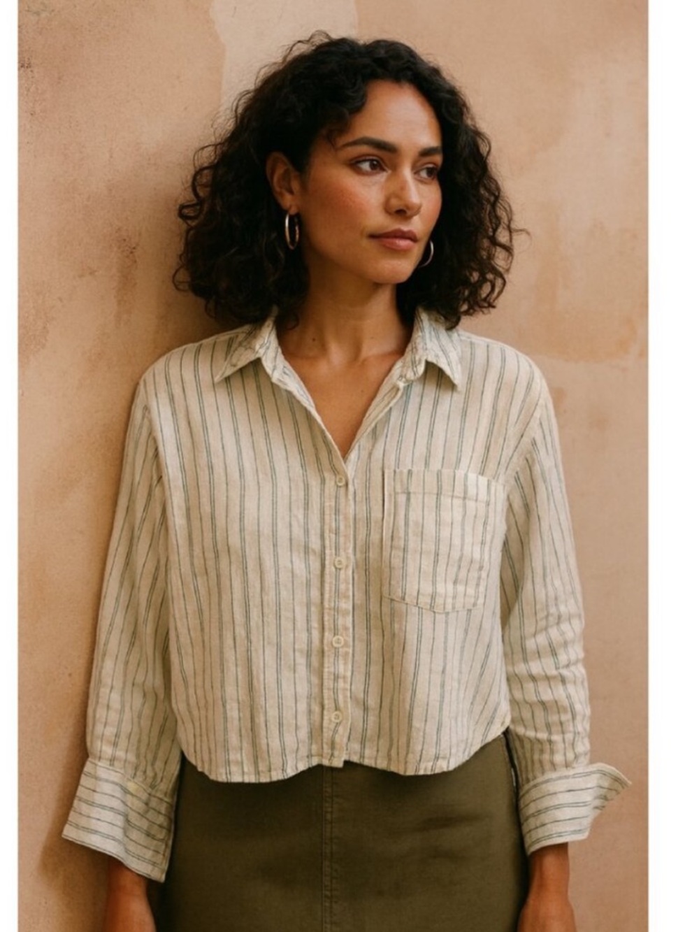 Banana republic 100% linen green striped boxy crop button down shirt